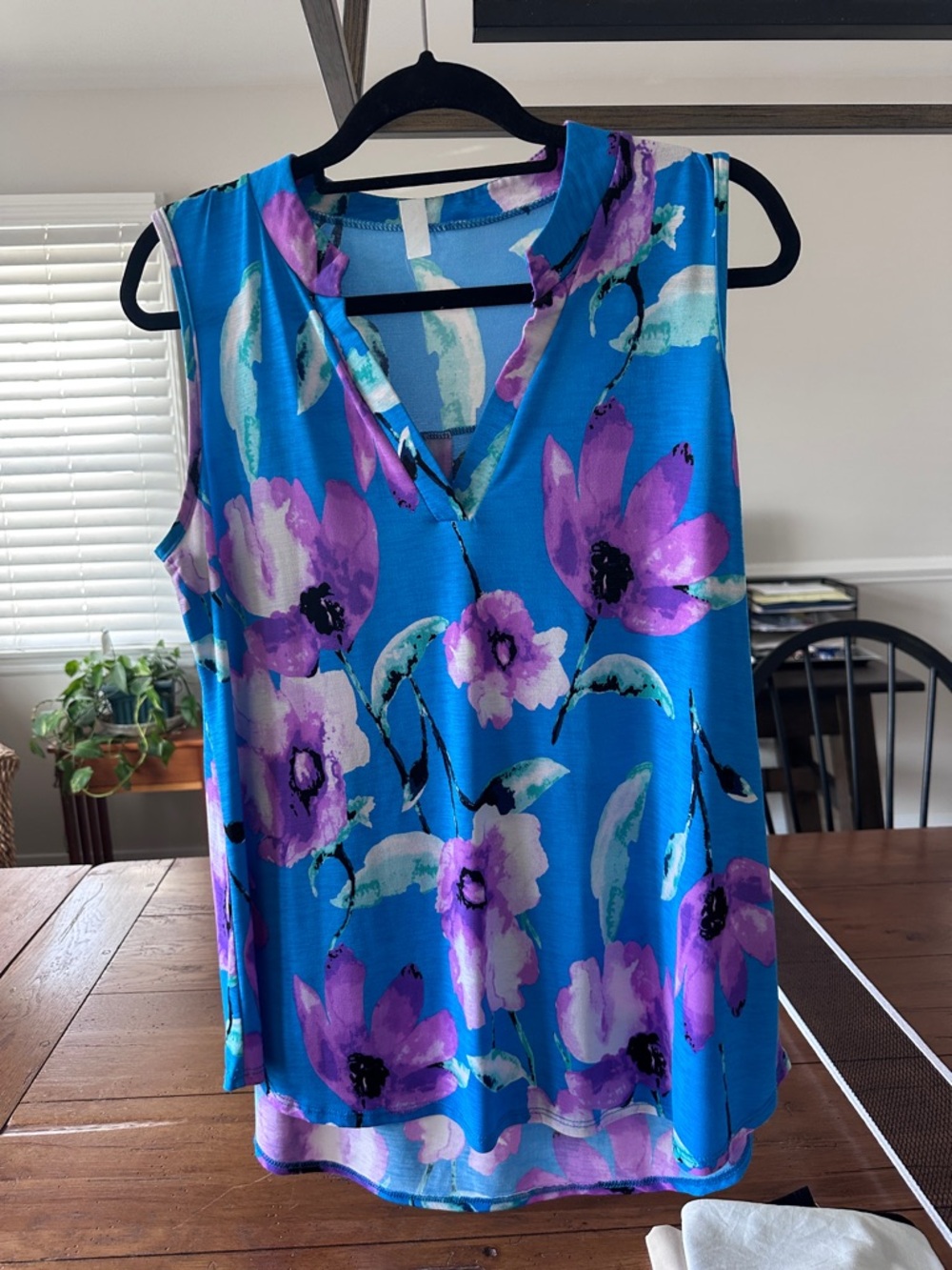 Sew In Love Blue Floral Tank Top with Purple and White Flowers
